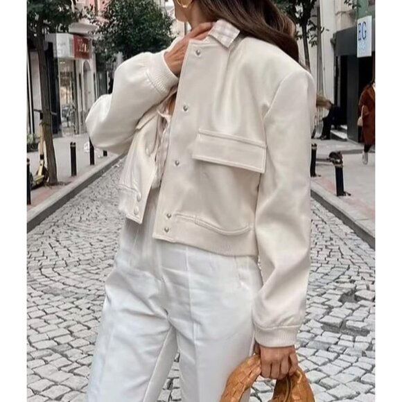 Womens Milky White Spring Varsity Bomber Jacket Cropped Button Down Casual Coat - Picture 5 of 8